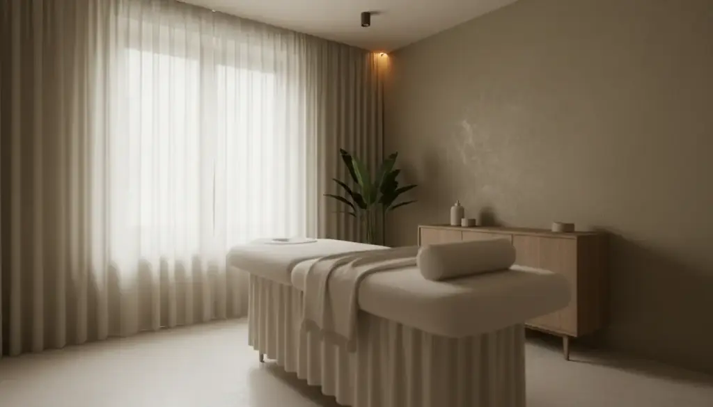 A treatment table dressed in white linen beside a sheer curtain in soft side light
