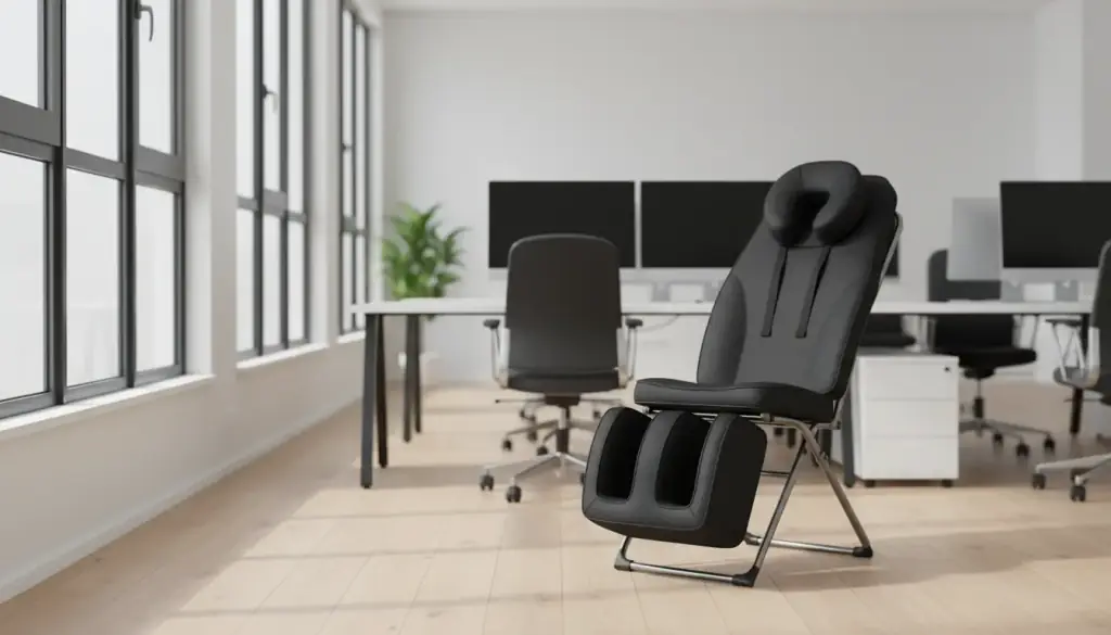 A portable massage chair set up by tall windows in a quiet office