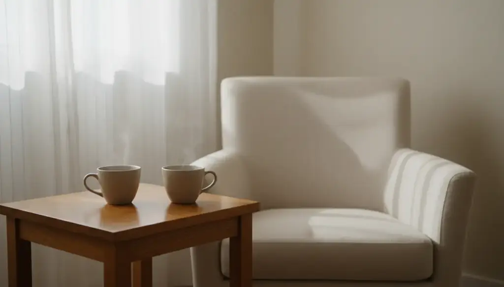 Two cups of tea on an oak side table beside a linen armchair and sheer curtains