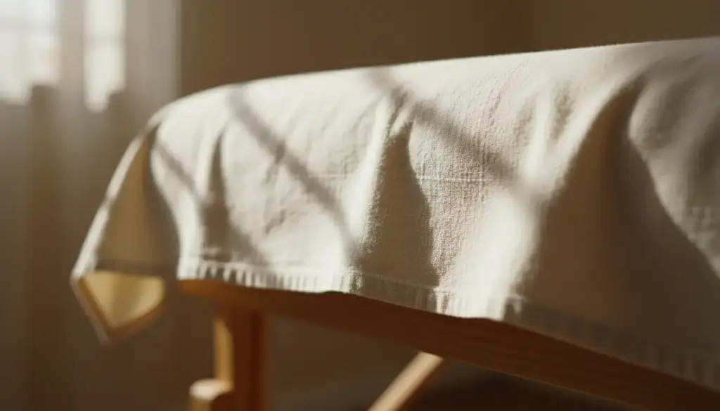Edge of a cream cotton sheet turned down over a massage table in raking window light
