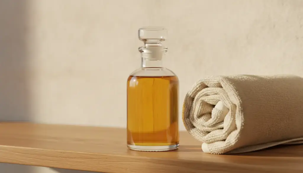 Glass bottle of amber massage oil beside a rolled cotton towel on an oak shelf