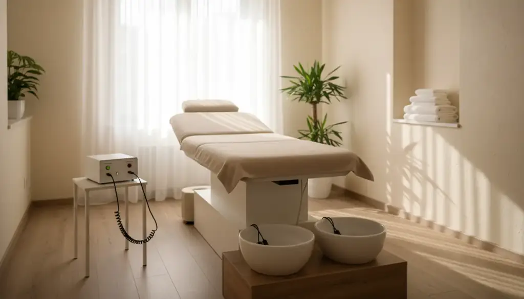 A quiet treatment room with a dressed table and sheer curtains